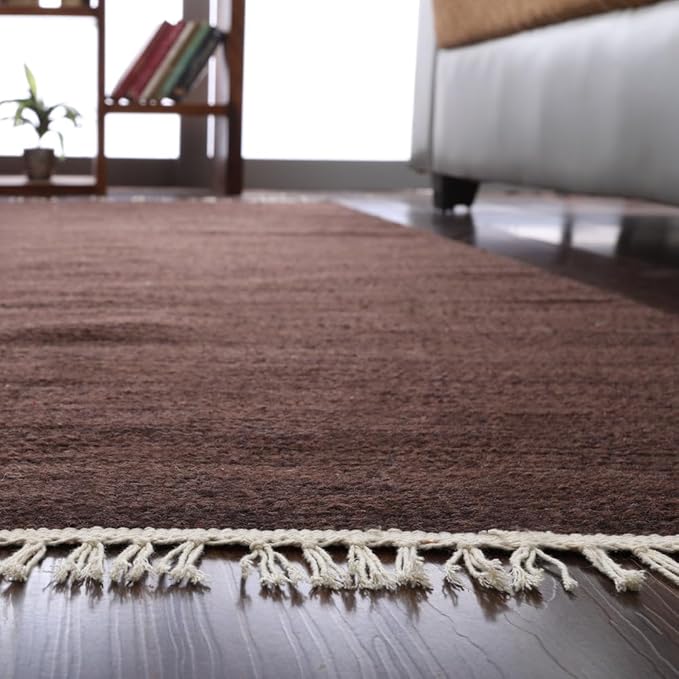 Rugsotic Carpets Hand Woven Flat Weave Kilim Wool ECO-Friendly Area Rugs - 6'x6', Square Shape, Dark Brown Color, Solid Plain Design, Low Pile Handmade Rugs for Living Room, Bed Room (D00111)