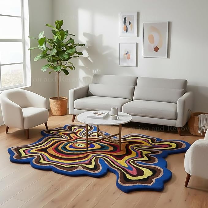 Irregular Shaped Handmade Wool Rug | Modern Colourful Stripe Premium Area Rug Perfect for Home Decor (3x3 ft, Multi.)