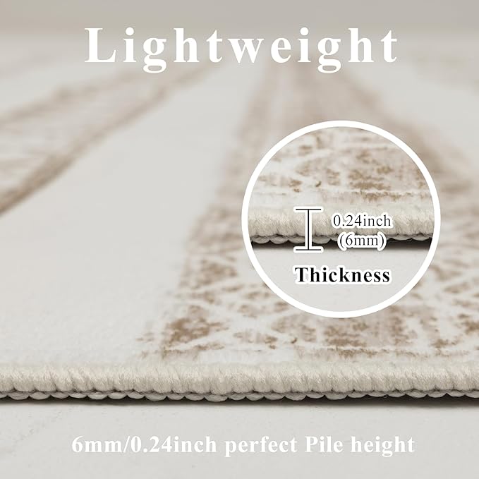 Washable 6x9 Area Rug for Living Room, Boho Carpet for Bedroom Dining Room, Non Slip&Non-Shedding Resistant Low Pile Vintage Print Rug for Home Office (Beige)