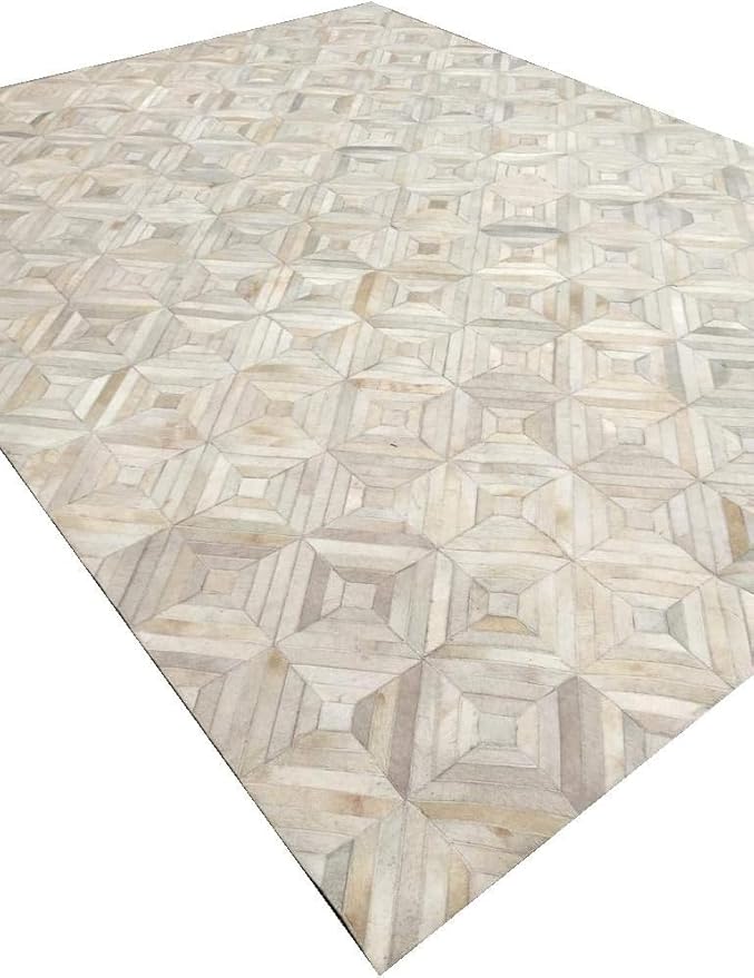 Premium Diamond Patterned Leather Area Rug - 5X8 ft - White- Luxury Non Slip Floor Accent for Dining Room, Living Room, Entryway, Elegant Collection Indoor Carpet