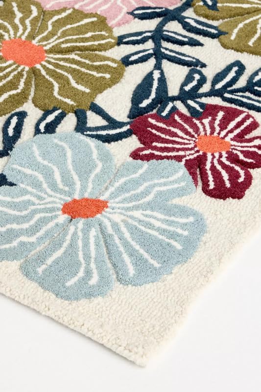 Bold Floral Hand-Tufted Wool Rug 4x6 Ft – Vintage-Style Area Carpet with Modern Botanical Pattern for Living Room, Bedroom, Nursery, Cottagecore Décor, Soft Wool Pile, Cotton Backing