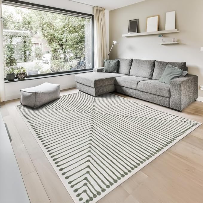GLN Rugs Contemporary Collection - Machine Washable Area Rug, Contemporary Washable, Non Slip, Low Pile Chenille Rug, Living Room, Bedroom, Kitchen Rug (8' x 10' Green Beige)