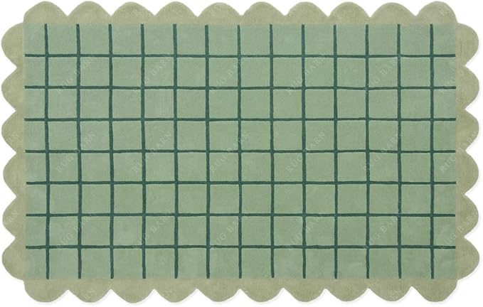 Mint Green Scalloped Edge Wool Area Rug with Checker Grid Design, Hand-Tufted Soft Carpet for Living Room, Bedroom, Nursery, Kids & Playroom Décor - 4x6 Ft