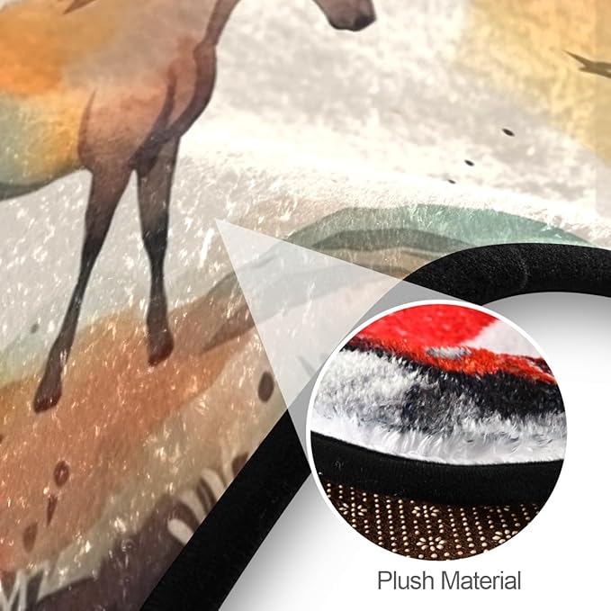 Round Washable Non-Slip Rug for Home & Office Soft Carpet for Living Room, Bedroom & Entryway Indoor/Outdoor Horse Watercolor Design Perfect for Dining Room Rubber Backed & Easy to Clean.