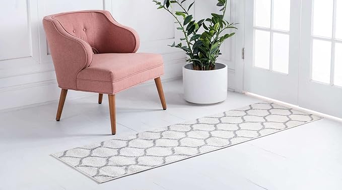 Rugs.com Lattice Frieze Collection Rug – 2' x 6' Runner Ivory Medium Rug Perfect for Living Rooms, Large Dining Rooms, Open Floorplans