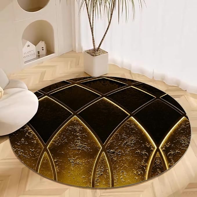 Luxury Black Gold Round Rug Vintage Golden Texture Living Room Circle Area Rugs 3ft Washable Soft Non Slip Low Pile Indoor Floor Carpet for Bedroom Office Kitchen Coffee Table
