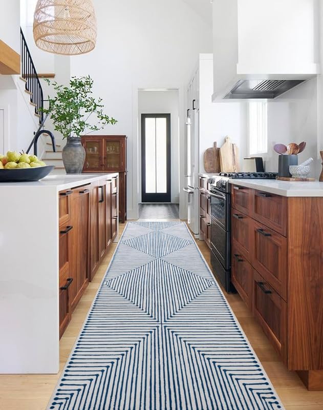 GLN Rugs Contemporary Collection - Machine Washable Area Rug, Contemporary Washable, Non Slip, Low Pile Chenille Rug, Living Room, Bedroom, Kitchen Rug (2'6" x 7' Blue Ivory)