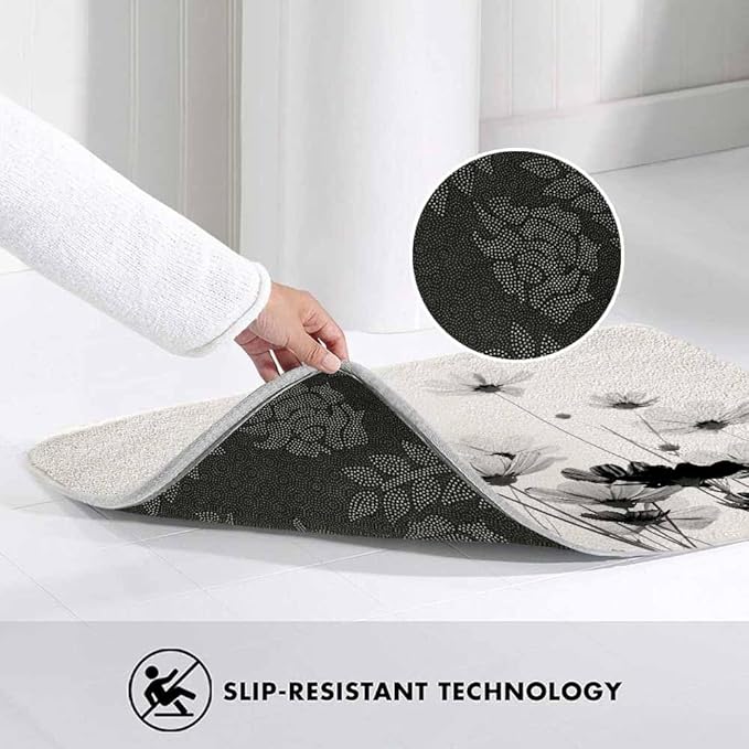 Cosmos Flowers Bathroom Mat Rugs Black and White Pattern Microfiber Faux Cashmere Thick Plush Bath Mat Non-Slip Water Absorbent Bath Carpet for Bathtub Bathroom Floor Tub 16X24 Inch