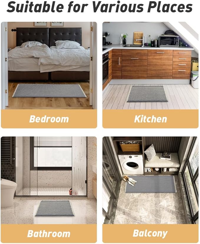 AMOAMI Upgraded Waffle Runner Rug Super Absorbent Non Slip Bath Mats for Bathroom Machine Washable Bathroom Runner Rug with Tassels, Ideal for Hallway Bedroom Laundry Room, 2' x 4', Darkgrey & Cream