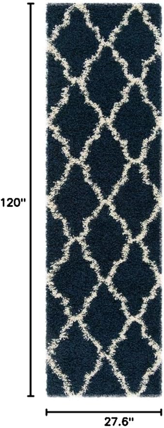 SAFAVIEH Dallas Shag Collection Runner Rug - 2'3" x 10', Navy & Ivory, Trellis Design, Non-Shedding & Easy Care, 1.5-inch Thick Ideal for High Traffic Areas in Living Room, Bedroom (SGD257N)