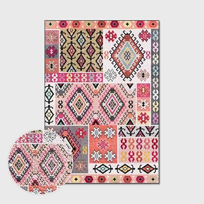 Vintage Boho Area Rugs Multicolor Ethnic Style Geometric Splicing Carpets Bedroom Living Room Kitchen Floor Mats Indoor Outdoor Non-Shedding Runner Rug Home Décor Carpet 5' X 5'
