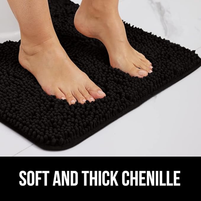GORILLA GRIP Bath Rug Mat 44x26, Thick Soft Absorbent Chenille, Quick Dry Microfiber Mats, Rubber Backing Washable Shower Floor Rugs, Bathmat Runner, US Designed Bathroom Home Decor Accessories Black