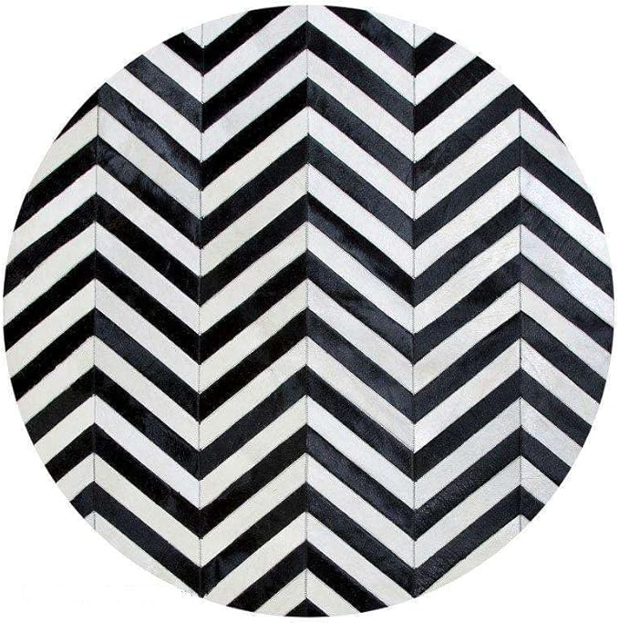 Round Cowhide Rug Black and White – Handmade Genuine Leather Chevron Patchwork Carpet – Modern Luxury Hide Area Rug for Living Room Bedroom Office Rustic Farmhouse Home Décor, (8×8ft)