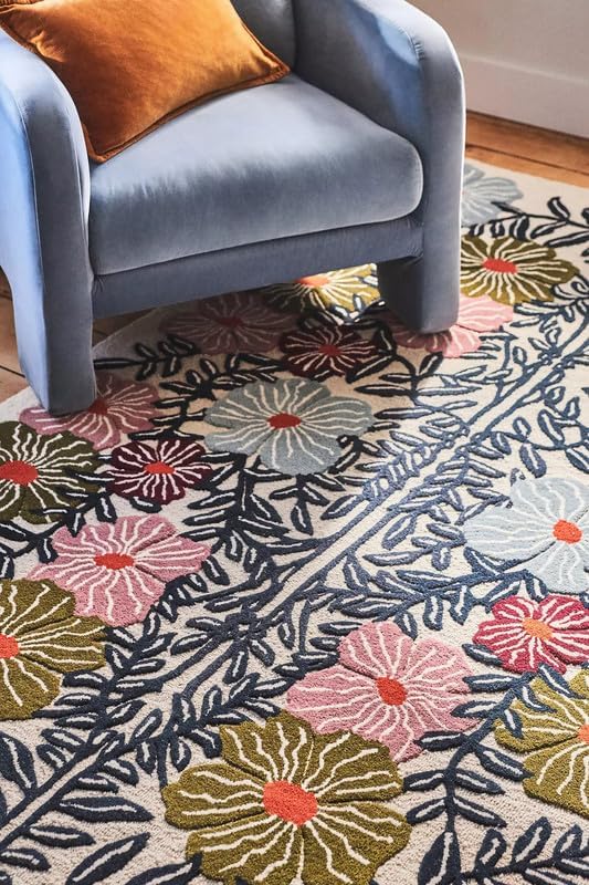Bold Floral Hand-Tufted Wool Rug 8x10 Ft – Vintage-Style Area Carpet with Modern Botanical Pattern for Living Room, Bedroom, Nursery, Cottagecore Décor, Soft Wool Pile, Cotton Backing
