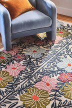 Bold Floral Hand-Tufted Wool Rug 5x5 Ft (Square) – Vintage-Style Area Carpet with Modern Botanical Pattern for Living Room, Bedroom, Nursery, Cottagecore Décor, Soft Wool Pile, Cotton Backing