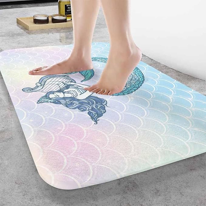 Mermaid with Harp Bath Rugs Microfiber Bathroom Mat Soft Plush Shaggy Shower Mat for Bathroom Fluffy Comfortable Water Absorbent Carpet Non-Slip Machine Washable 20"X30"