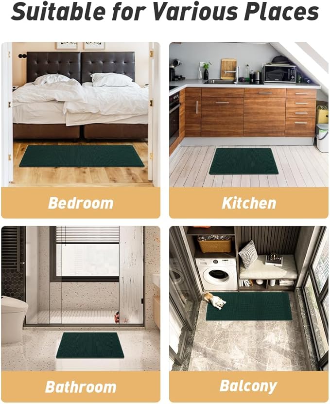 Upgraded Waffle Runner Rug, Super Absorbent Non Slip Bath Mats for Bathroom Floor Machine Washable Bathroom Runner Rug with Tassels Ideal for Hallway Bedroom Laundry Room, Dark Green, 2'x5'(24" x 60")