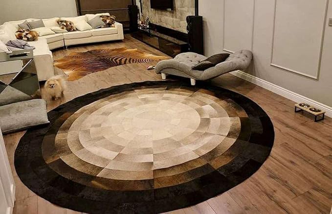 Round Faux Cowhide Leather Rug 10×10 ft – Brown & Beige Rustic Western Farmhouse Boho Concentric Patchwork Non-Slip Durable Faux Leather Area Carpet for Living Room, Bedroom & Office