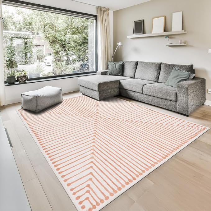 GLN Rugs Contemporary Collection - Machine Washable Area Rug, Contemporary Washable, Non Slip, Low Pile Chenille Rug, Living Room, Bedroom, Kitchen Rug (4' x 6' Orange Beige)