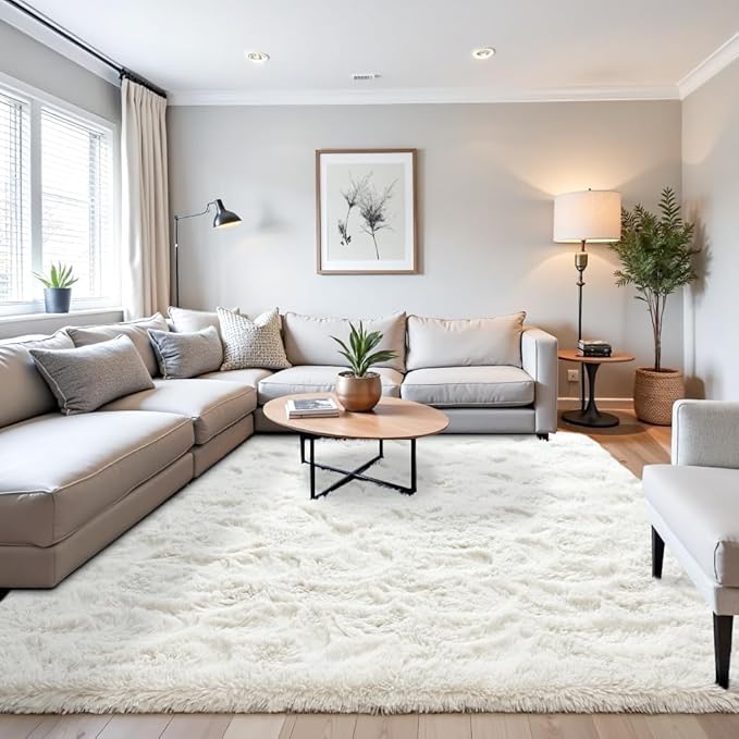 Beglad Shag Rugs for Living Room, Cream White Area Rugs 5x7 Feet Upgrade Anti-Skid Modern Minimalist Style Memory Foam Rugs for Bedroom, Indoor Carpet Suitable for Girls and Adults Room Decor