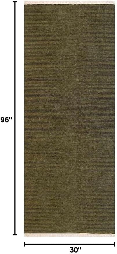 Rugsotic Carpets Hand Woven Flat Weave Kilim Wool ECO-Friendly Area Rugs - 2'6''x8', Runner Shape, Olive Color, Solid Plain Design, Low Pile Handmade Area Rugs for Living Room, Bed Room (D00111)