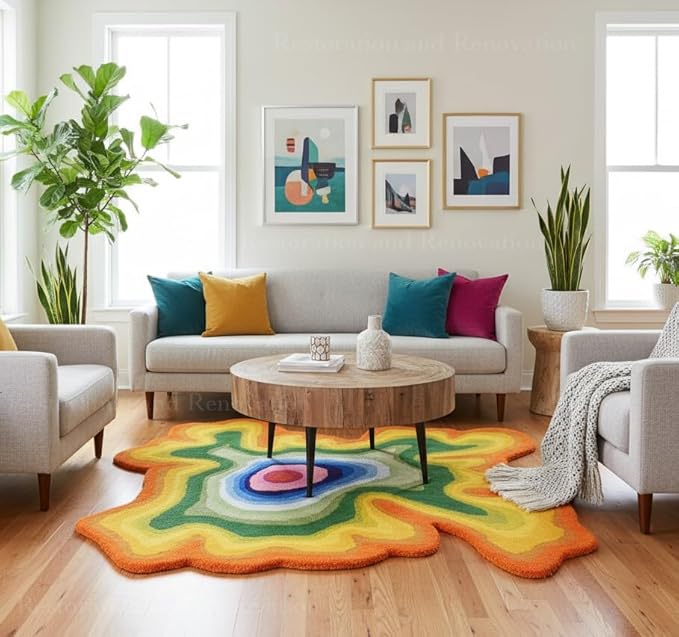 Irregular Shaped Handmade Wool Area Rug | Modern Colourful Stripe Premium Carpet | Perfect for Living Room, Bedroom, Dining Room & Home Decor (Rainbow, 4x4 ft)