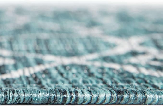 Unique Loom Outdoor Trellis Collection Area Rug - Tribal Trellis (13' Square, Teal/ Ivory)