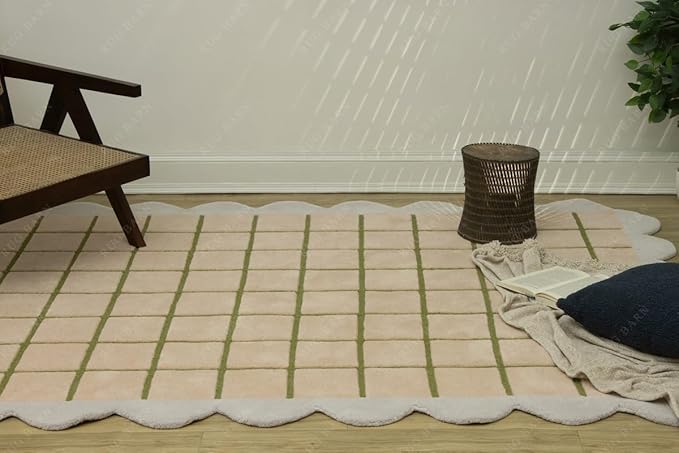 Scalloped Border Wool Area Rug with Windowpane Grid, Hand-Tufted, Beige-Blush with Sage Lines & Light Purple Edge - Soft High-Low Pile for Living Room, Bedroom, Nursery - 8x11 Ft