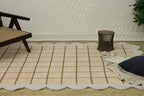 Scalloped Border Wool Area Rug with Windowpane Grid, Hand-Tufted, Beige-Blush with Sage Lines & Light Purple Edge - Soft High-Low Pile for Living Room, Bedroom, Nursery - 1x1 Ft (Sample)