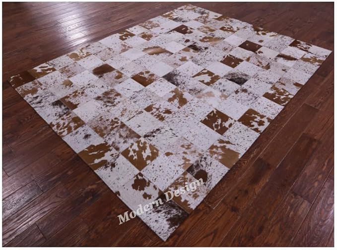 Modern Design Premium Cowhide Leather Carpet with Chevron Pattern, Area Rug (White/Brown, 5x8)