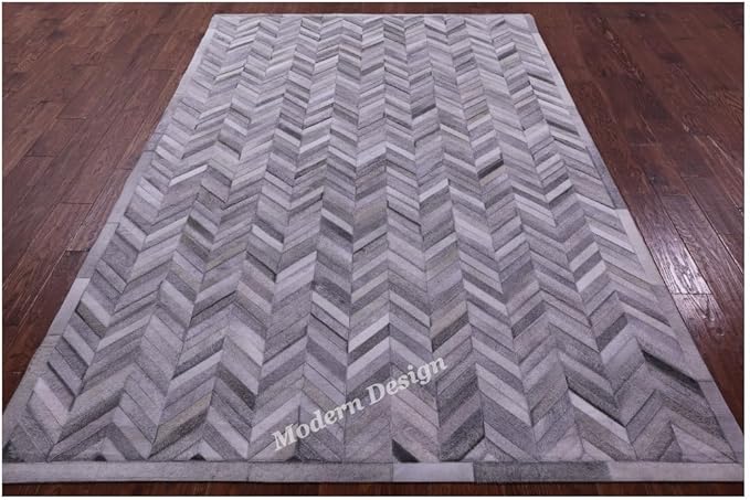Modern Design Premium Cowhide Leather Carpet with Chevron Pattern, Area Rug (Natural Multi Grey, 2x3)