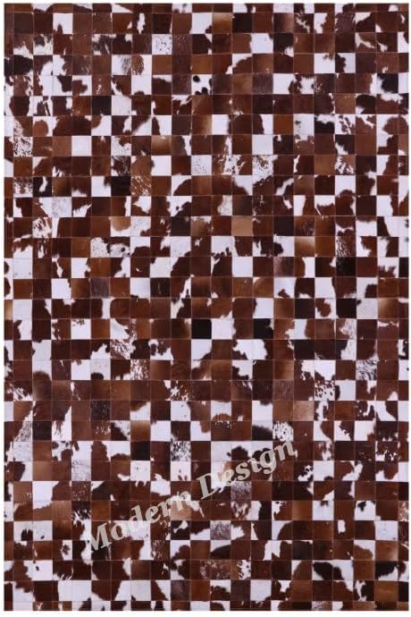 Modern Design Premium Cowhide Leather Carpet with Chevron Pattern, Area Rug (Brwon/White, 3x14)