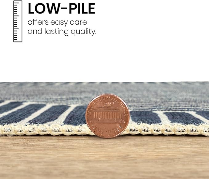GLN Rugs Contemporary Collection - Machine Washable Area Rug, Contemporary Washable, Non Slip, Low Pile Chenille Rug, Living Room, Bedroom, Kitchen Rug (5'3" Round Lines Blue)