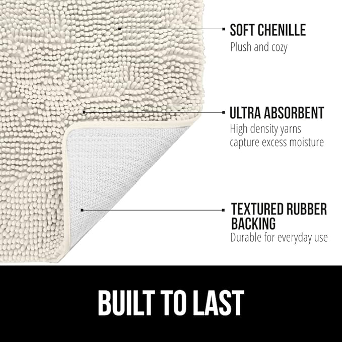GORILLA GRIP Bath Rug Mat 36x24, Soft Absorbent Chenille, Quick Dry Microfiber Mats, Rubber Backing Washable Shower Floor Rugs, Bathmat Runner, US Designed Bathroom Home Decor Accessories Ivory Cream