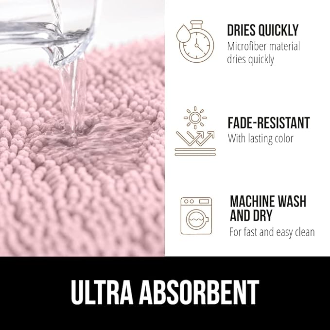 GORILLA GRIP Bath Rug Mat 36x24, Soft Absorbent Chenille, Quick Dry Microfiber Mats, Rubber Backing Washable Shower Floor Rugs, Bathmat Runner, US Designed Bathroom Home Decor Accessories Light Pink