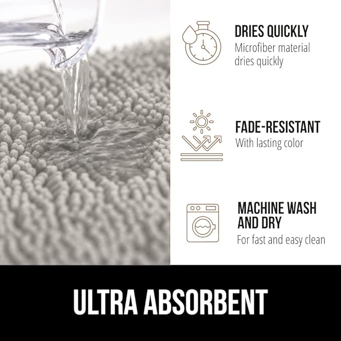 GORILLA GRIP Bath Rug Mat 60x17, Soft Absorbent Chenille, Quick Dry Microfiber Mats, Rubber Backing Washable Shower Floor Rugs, Bathmat Runner, US Designed Bathroom Home Decor Accessories Light Gray