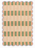 Handmade Scalloped Wool Area Rug - Modern Geometric Pattern, Green-Beige Stripes, Checkered Chevron Design - Soft, Durable Thick Carpet for Living Room, Bedroom (Beige, 6' x 9')