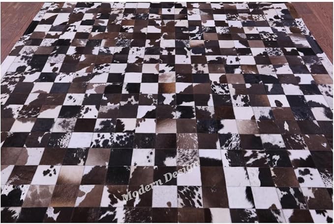 Modern Design Premium Cowhide Leather Carpet with Chevron Pattern, Area Rug (Brown/White-1, 4x6)