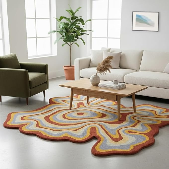 Irregular Shaped Handmade Wool Area Rug | Modern Colourful Stripe Premium Carpet | Perfect for Living Room, Bedroom, Dining Room & Home Decor (Desert, 5x5 ft)