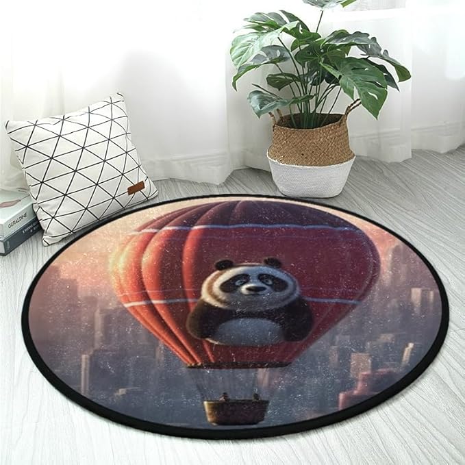 Round Non-Slip Area Rug Washable & Soft for Indoor/Outdoor Use Panda Hot Air Balloon Design Perfect Room Decor for Living Room, Bedroom, Office, Entryway & Bedside