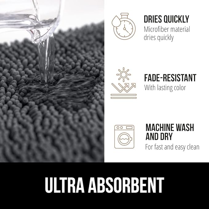 GORILLA GRIP Bath Rug Mat 44x26, Soft Absorbent Chenille, Quick Dry Microfiber Mats, Rubber Backing Washable Shower Floor Rugs, Bathmat Runner, US Designed Bathroom Home Decor Accessories Charcoal