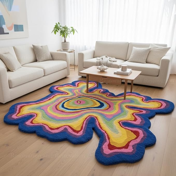 Irregular Shaped Handmade Wool Rug | Modern Colourful Stripe Premium Area Rug Perfect for Home Decor (IR-C, 4x4 ft)