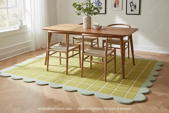 Checkered Wool Area Rug with Scalloped Border, Chartreuse Green & Cream Grid, Hand-Tufted, Soft Cut Pile, Modern Cottagecore Living Room, Bedroom & Nursery Carpet - 9x9 Ft (Round)