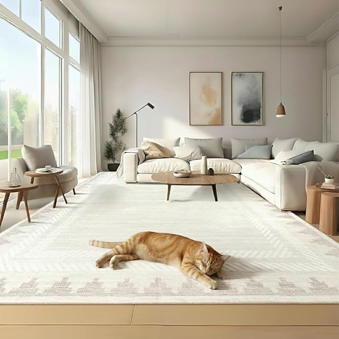 Geometric 8x10 Washable Area Rug for Living Room Dining Room Non Slip Soft Foldable Indoor Carpet Bordered Printed Large Modern Bedroom Rugs Stain Resistant, Beige