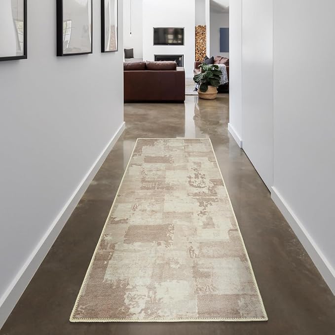 GLN Rugs Contemporary Collection - Machine Washable Area Rug, Contemporary Washable, Non Slip, Low Pile Chenille Rug, Living Room, Bedroom, Kitchen Rug (2'6" x 10' Abstract Tan)