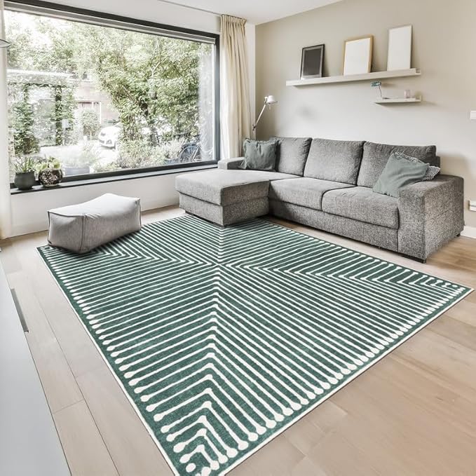 GLN Rugs Contemporary Collection - Machine Washable Area Rug, Contemporary Washable, Non Slip, Low Pile Chenille Rug, Living Room, Bedroom, Kitchen Rug (5' x 7' Beige Green)