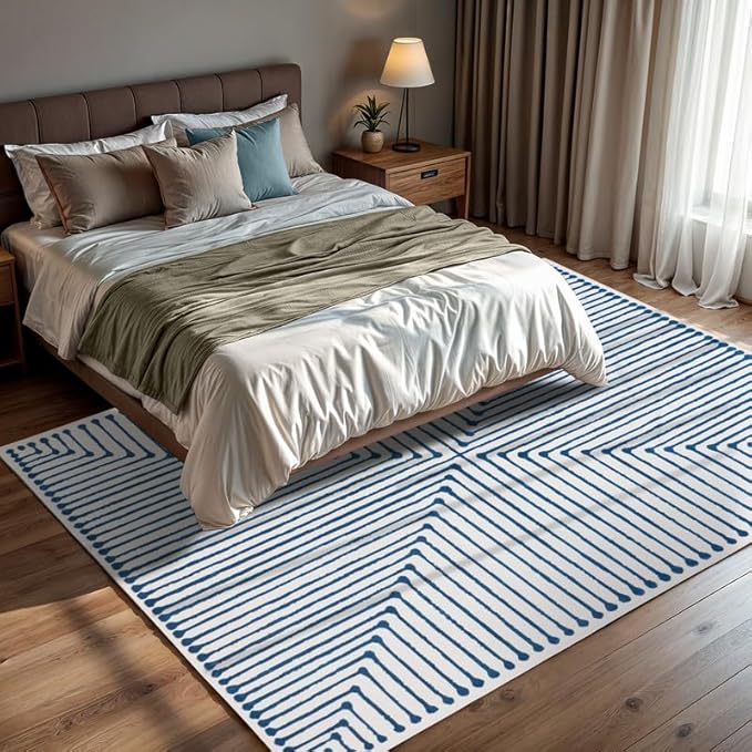 GLN Rugs Contemporary Collection - Machine Washable Area Rug, Contemporary Washable, Non Slip, Low Pile Chenille Rug, Living Room, Bedroom, Kitchen Rug (6' x 9' Blue Ivory)