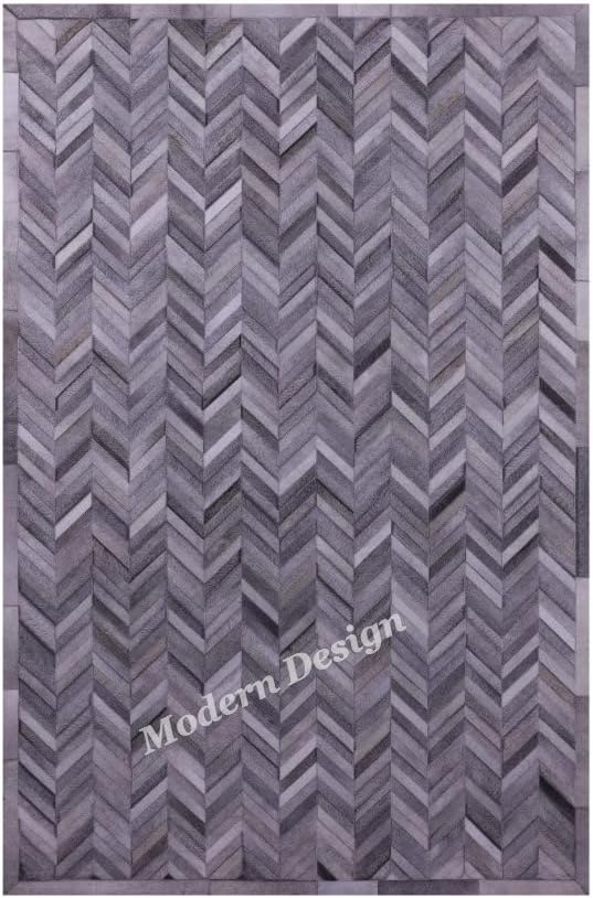 Modern Design Premium Cowhide Leather Carpet with Chevron Pattern, Area Rug (Natural Multi Grey, 3x5)