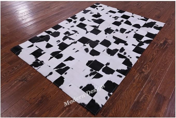 Modern Design Premium Cowhide Leather Carpet with Chevron Pattern, Area Rug (Black/White, 3x14)