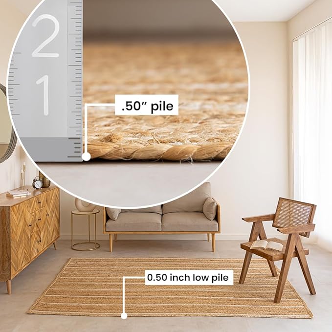 HOMEMONDE Natural Braided Jute Rug 3x5 ft - Hand Woven Off White Stripe Rustic Vintage Reversible Area Rugs for Bedroom, Kitchen, Living Room, Dining Room, Entryway and Doormat